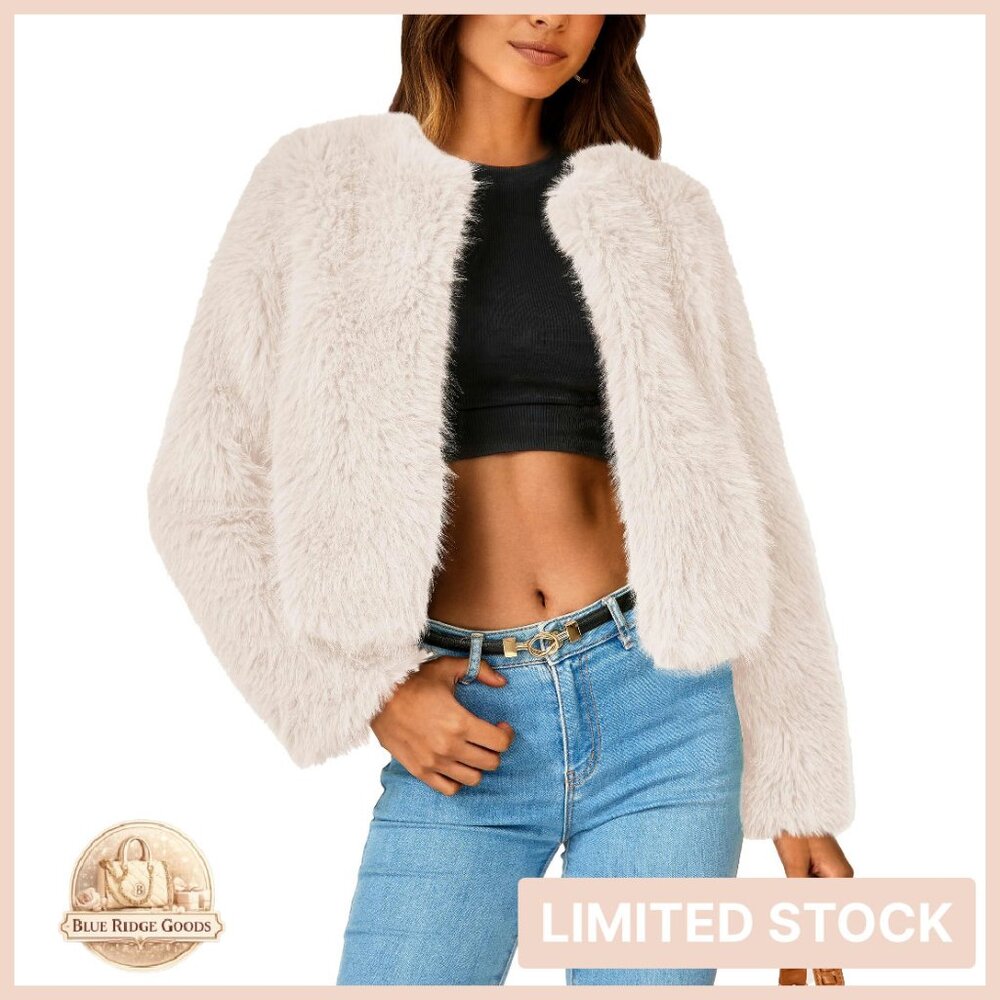Cropped Faux Fur Jacket Fleece Winter Coats Chic Y2K Shaggy Outerwear Pockets